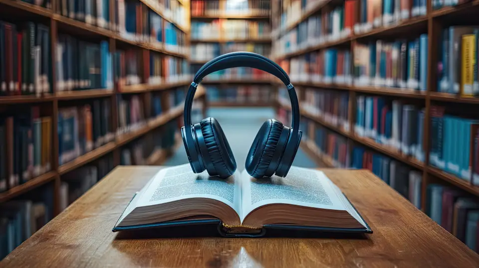 Headphones on an open book
