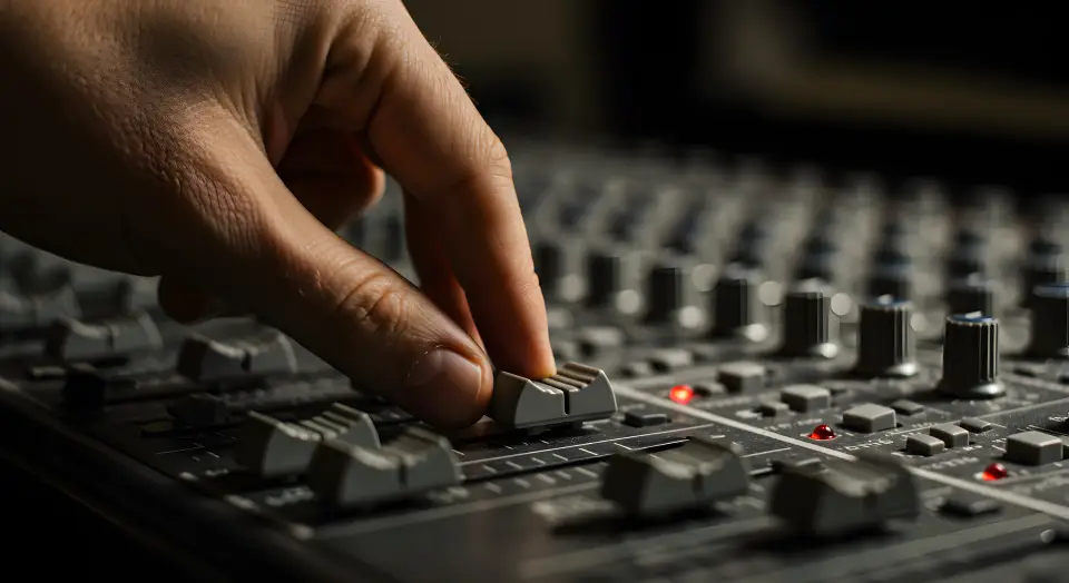 Hand adjusting audio mixer controls