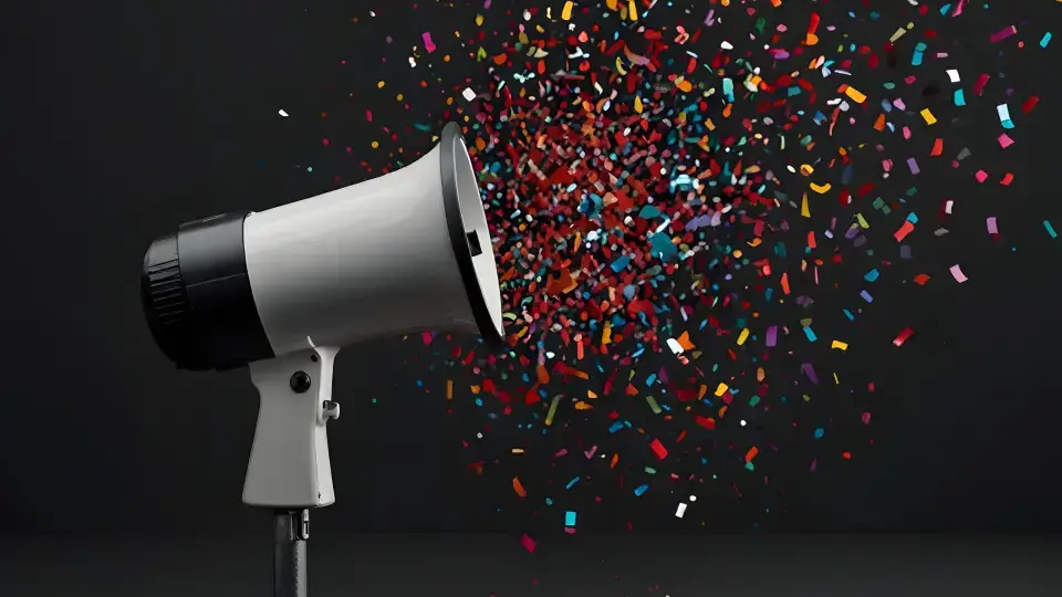 Megaphone with colorful confetti explosion